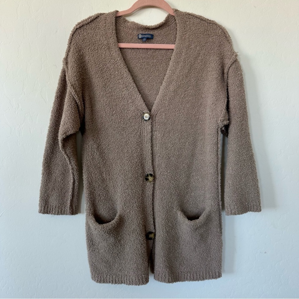 Democracy Tan Metallic Gold Cozy Soft Teddy Button Down Cardigan Medium